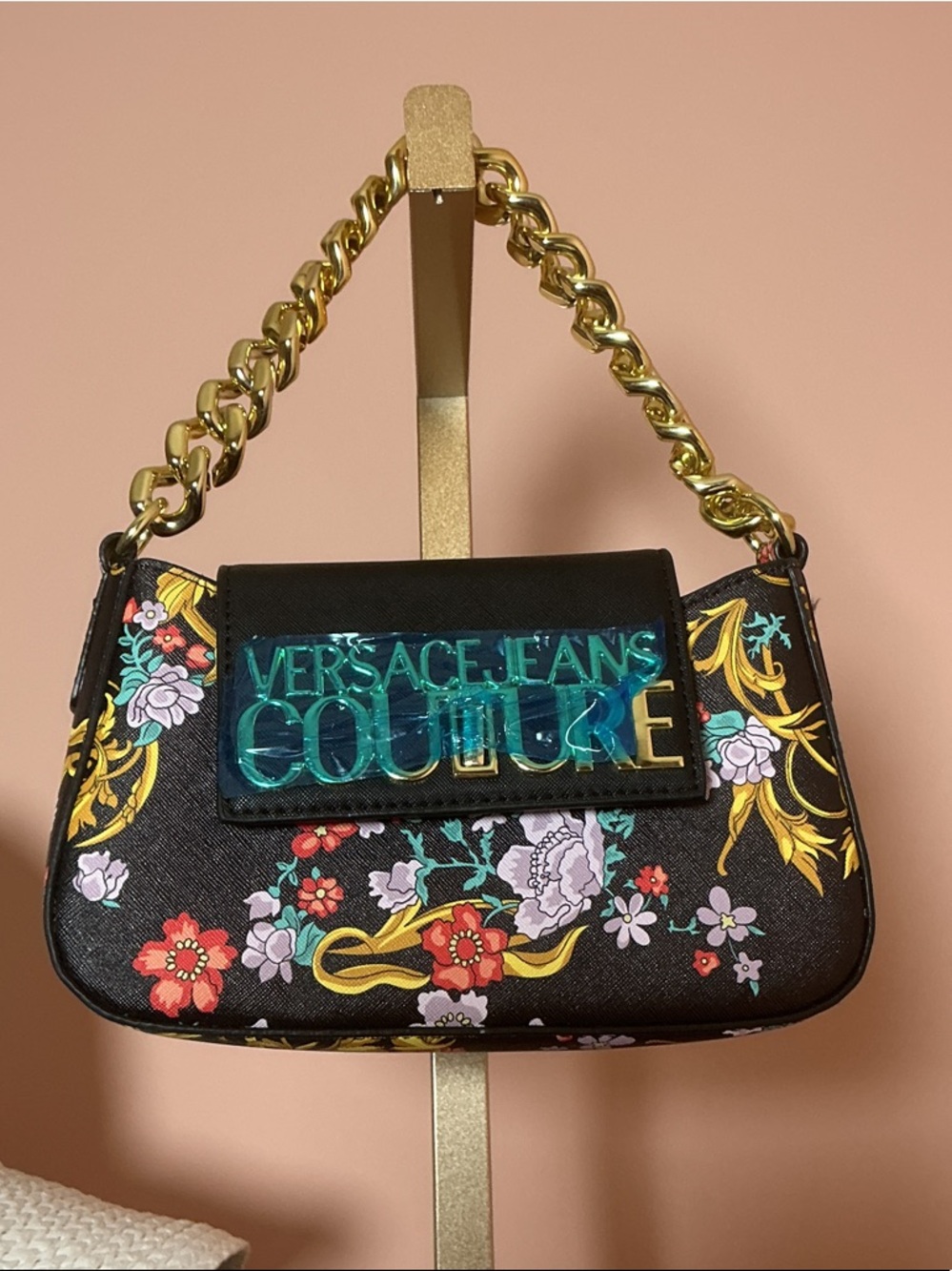 Versace Jeans Couture Black Floral Shoulder Bag with Gold Chain Handle